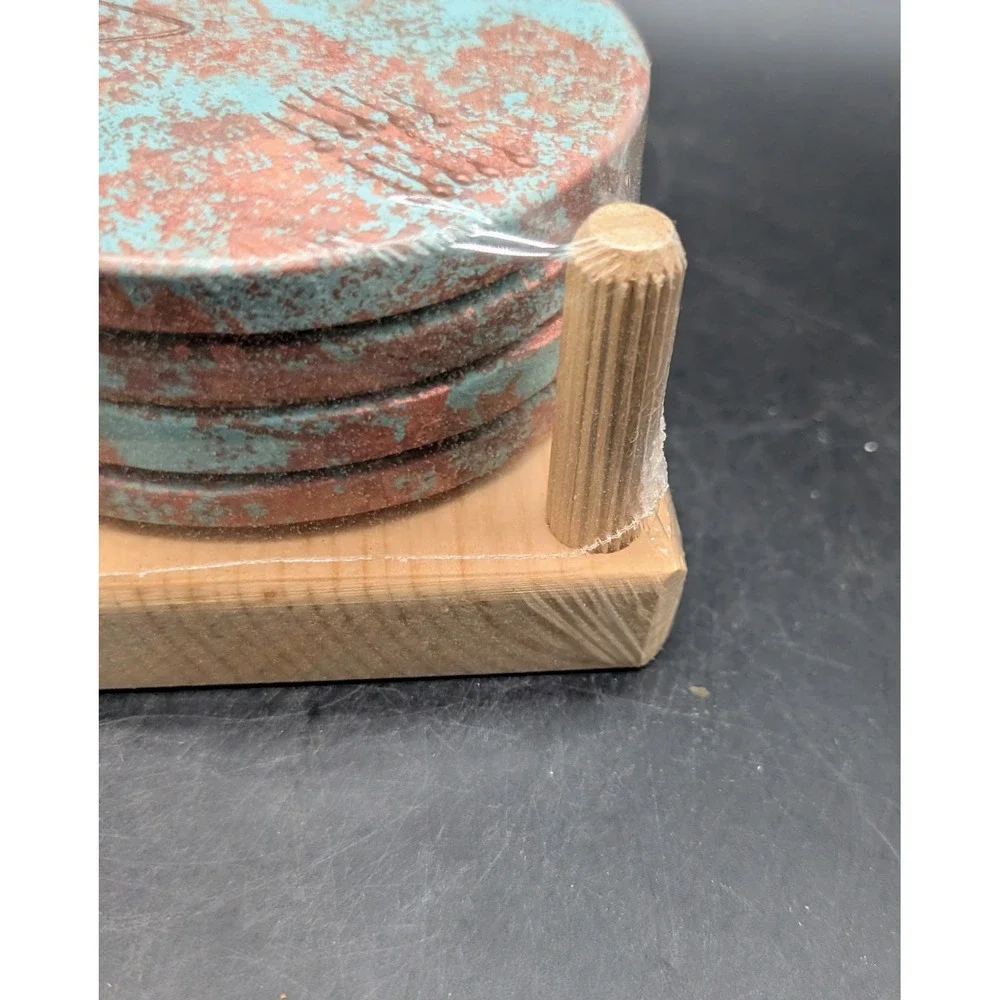 Handmade Southwestern Stone Coasters Set of 4 Verdigris Patina with Wood Holder